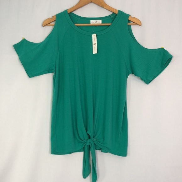 THYME & HONEY Women's Solid Cold Shoulder Round Neck Top Green Size M - Picture 3 of 12